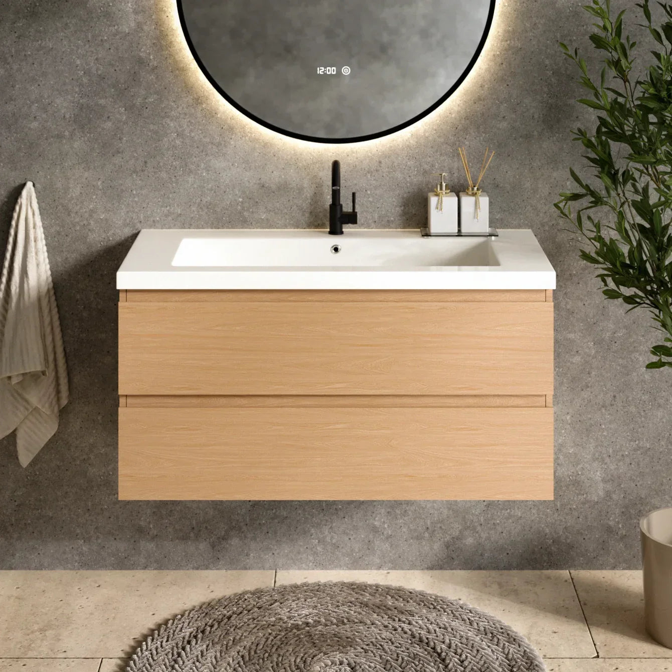 Meuble de salle de bain Sena - 100 cm - Chêne Clair - Lavabo Blanc