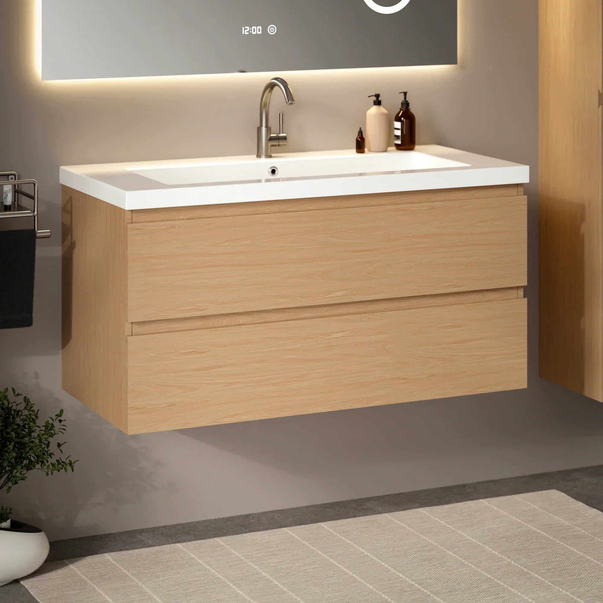 Meuble de salle de bain Sena - 100 cm - Chêne Clair - Lavabo Blanc