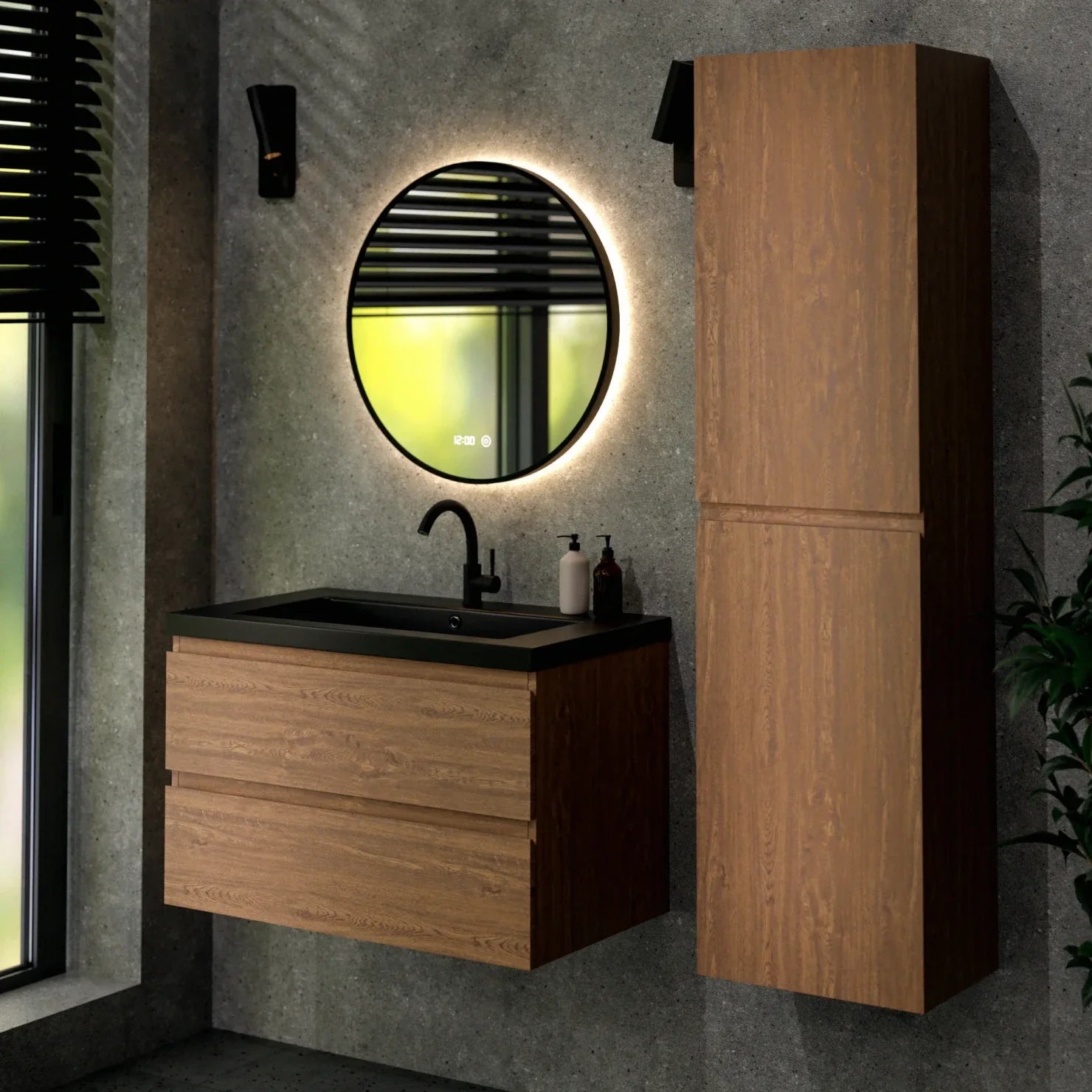 Meuble de salle de bain Sova - 80 cm - Chêne Chaud - Lavabo Noir
