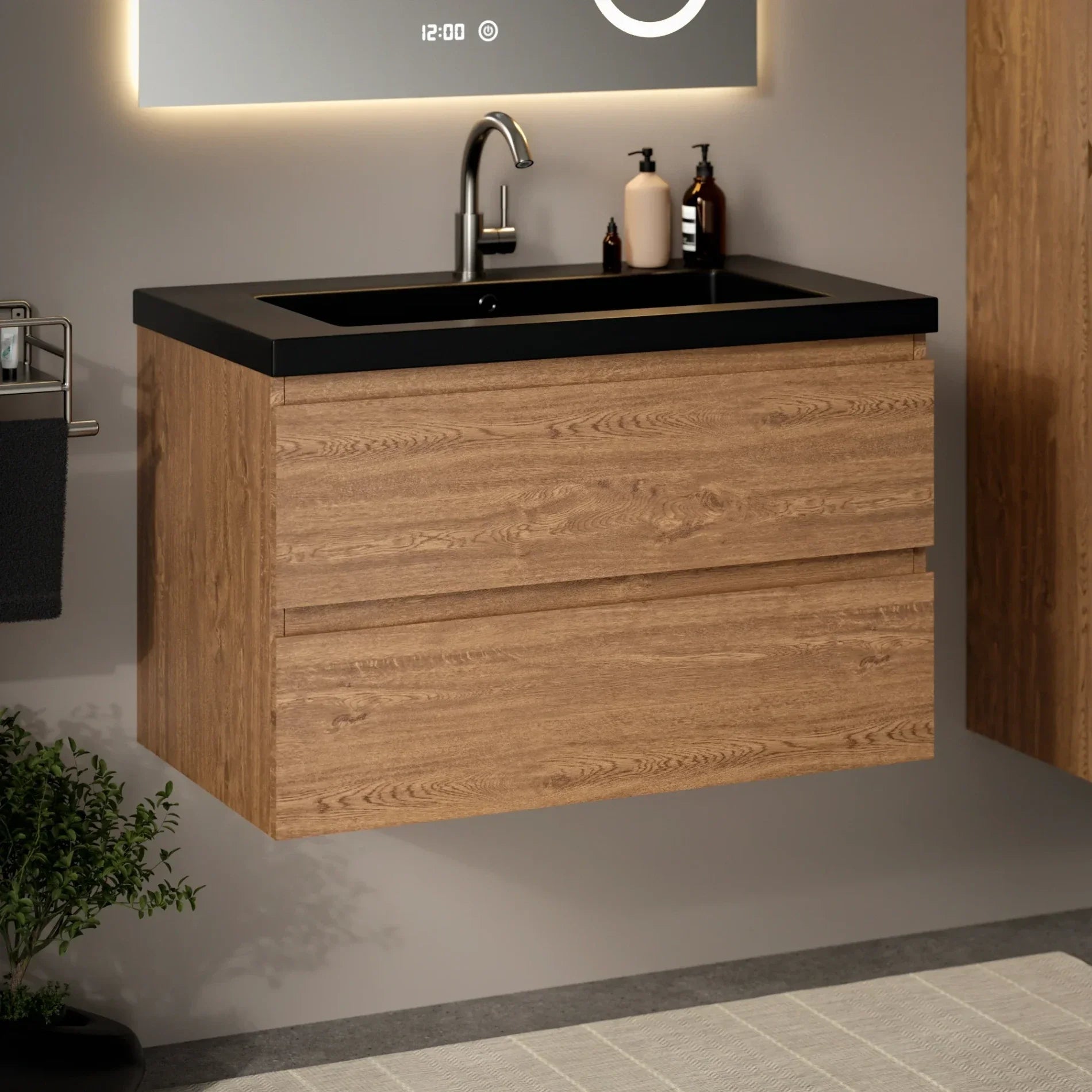 Meuble de salle de bain Sova - 80 cm - Chêne Chaud - Lavabo Noir