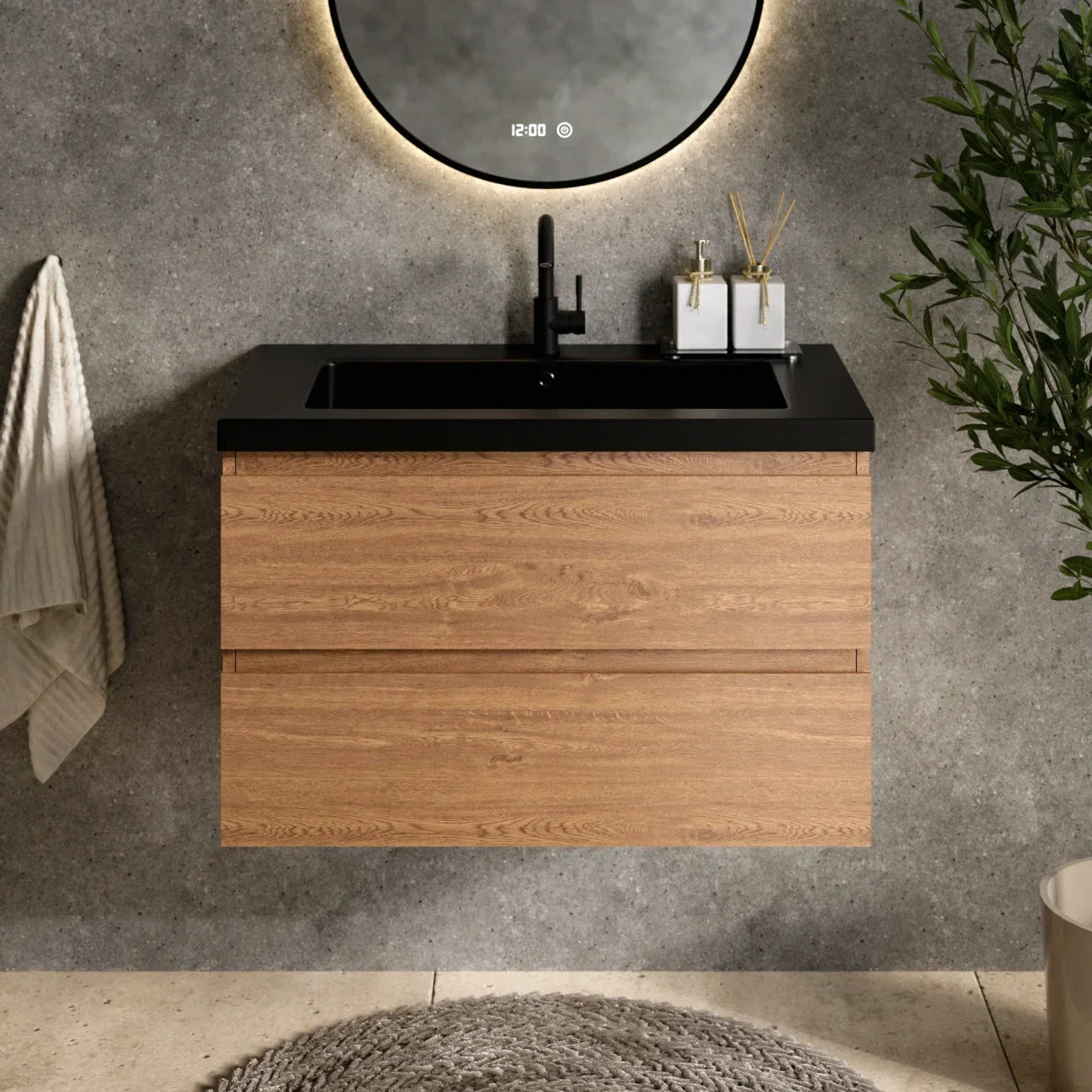 Meuble de salle de bain Sova - 80 cm - Chêne Chaud - Lavabo Noir