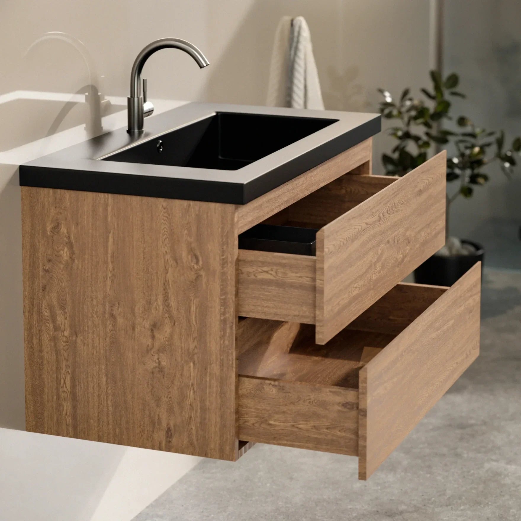 Meuble de salle de bain Sova - 80 cm - Chêne Chaud - Lavabo Noir