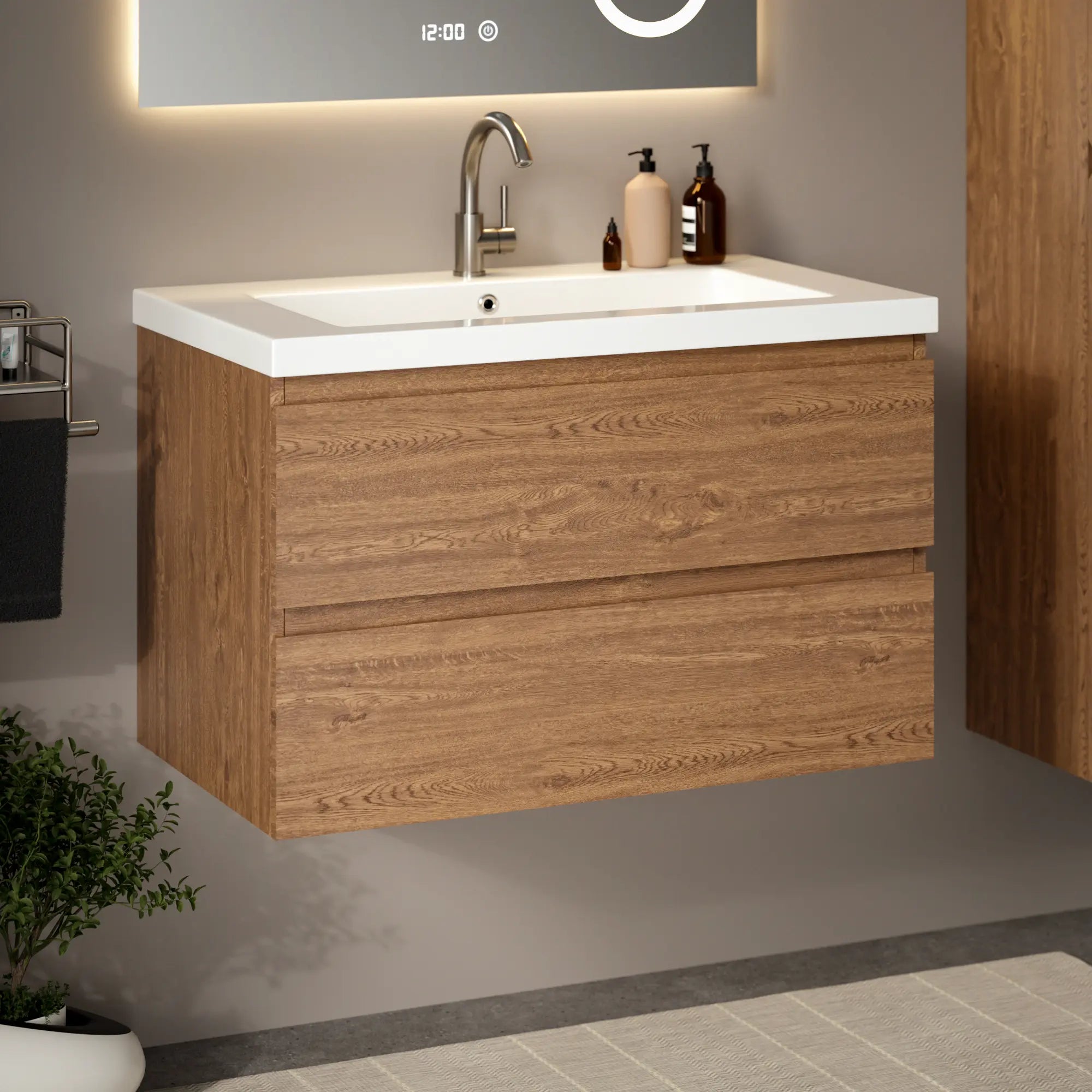 Meuble de salle de bain Sova - 80 cm - Chêne Chaud - Lavabo Blanc