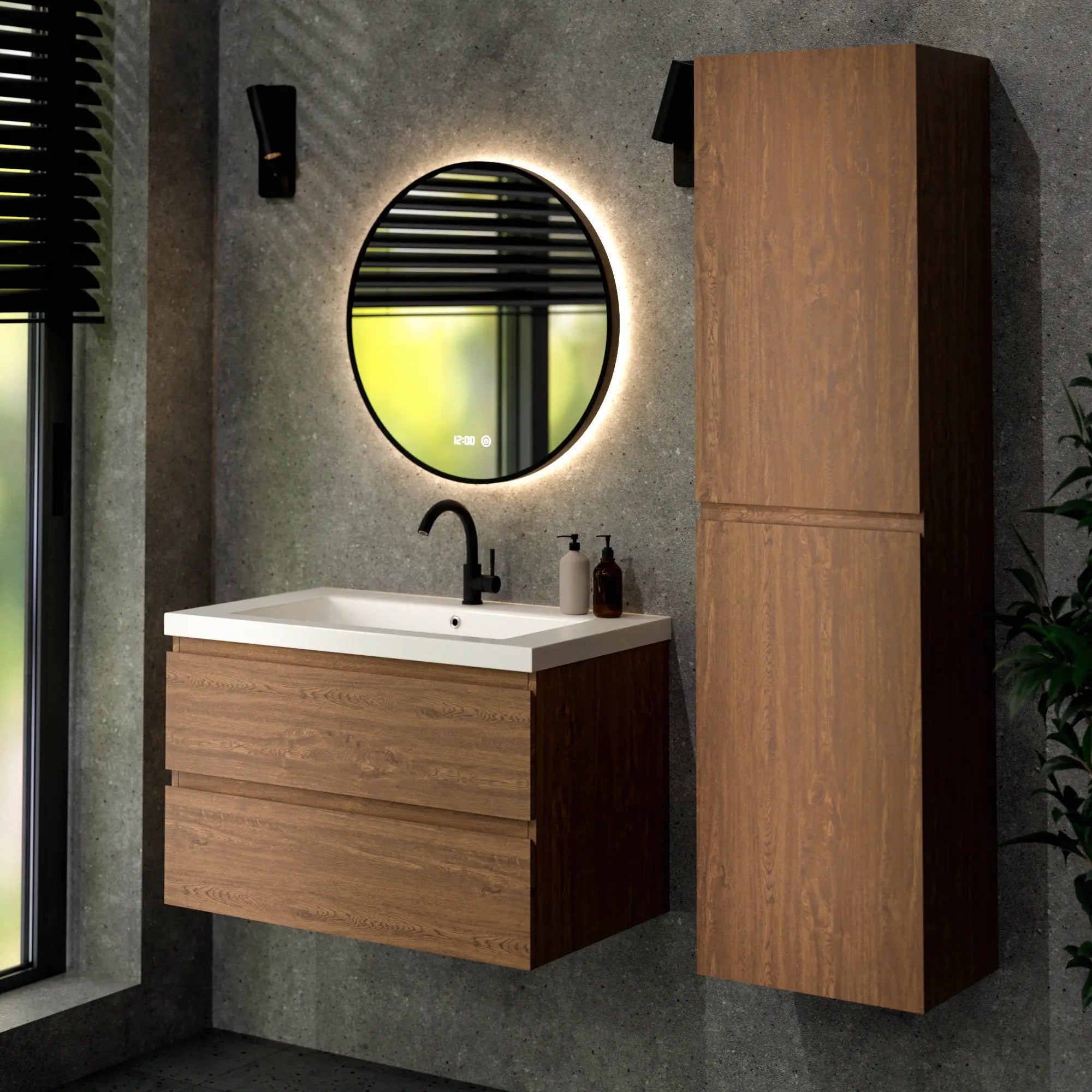 Meuble de salle de bain Sova - 80 cm - Chêne Chaud - Lavabo Blanc