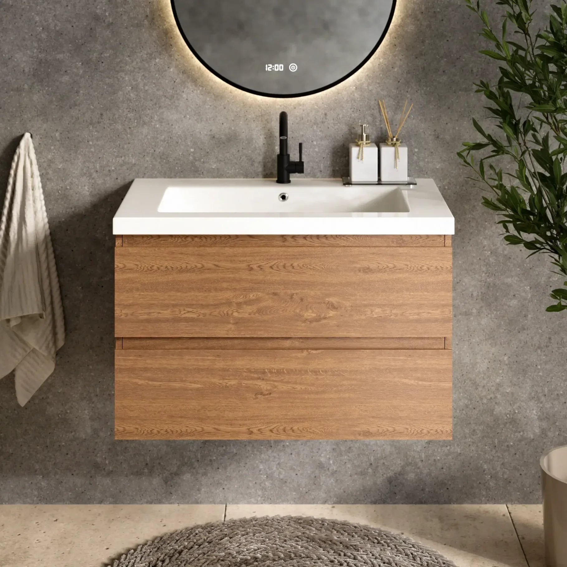 Meuble de salle de bain Sova - 80 cm - Chêne Chaud - Lavabo Blanc