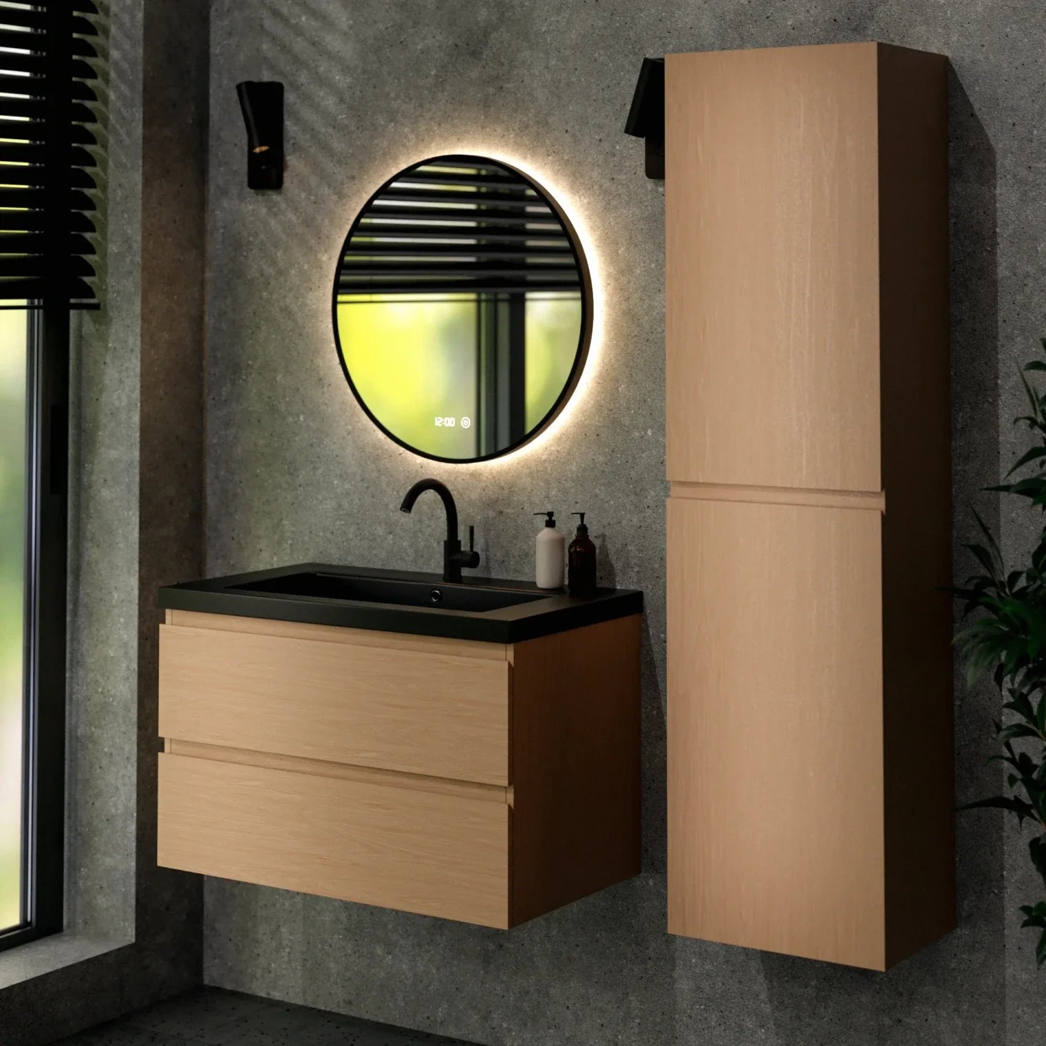 Meuble de salle de bain Sova - 80 cm - Chêne Clair - Lavabo Noir
