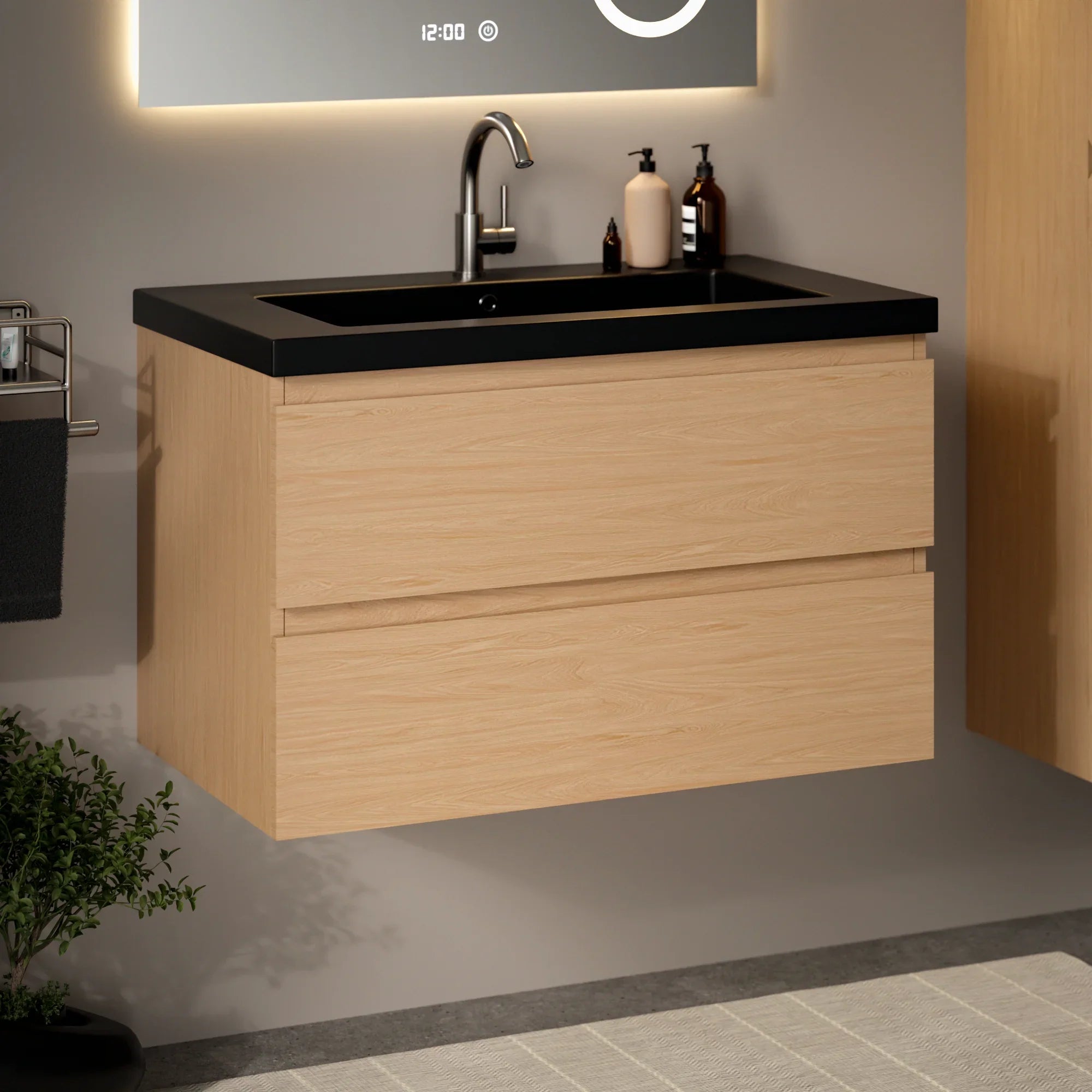 Meuble de salle de bain Sova - 80 cm - Chêne Clair - Lavabo Noir