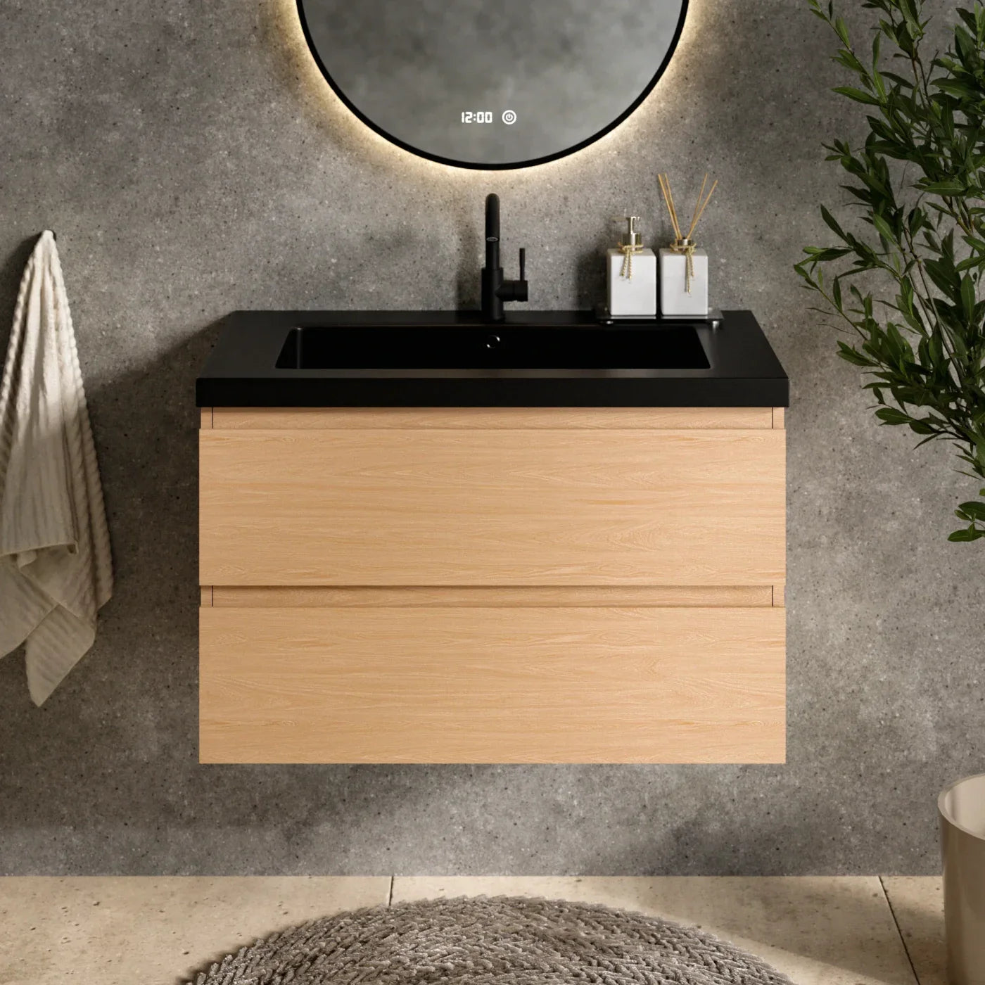 Meuble de salle de bain Sova - 80 cm - Chêne Clair - Lavabo Noir