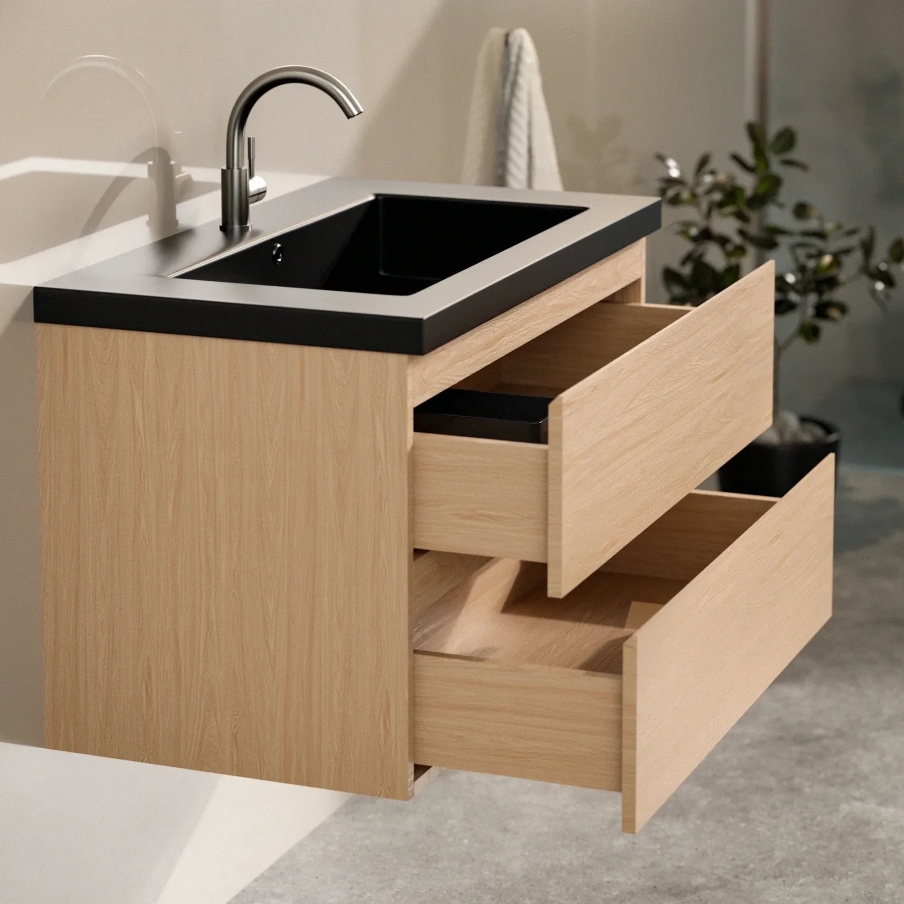 Meuble de salle de bain Sova - 80 cm - Chêne Clair - Lavabo Noir