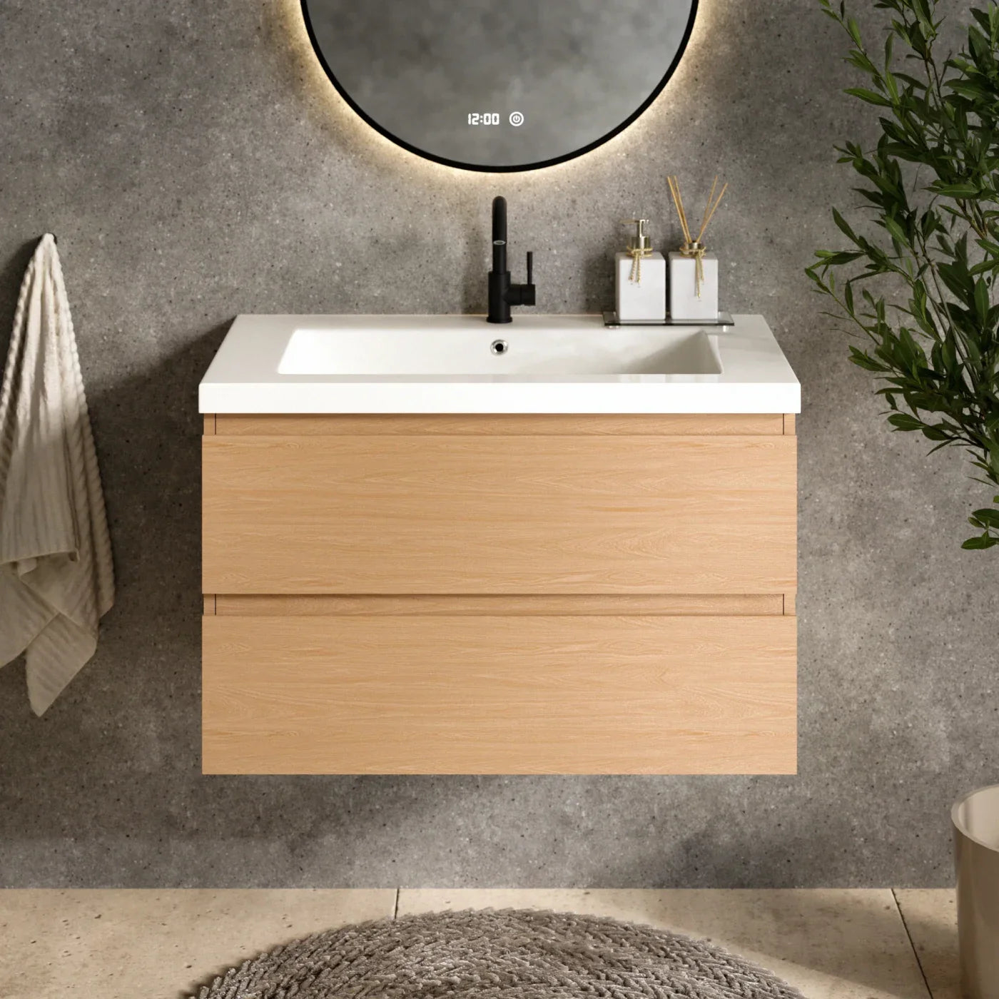 Meuble de salle de bain Sova - 80 cm - Chêne Clair - Lavabo Blanc