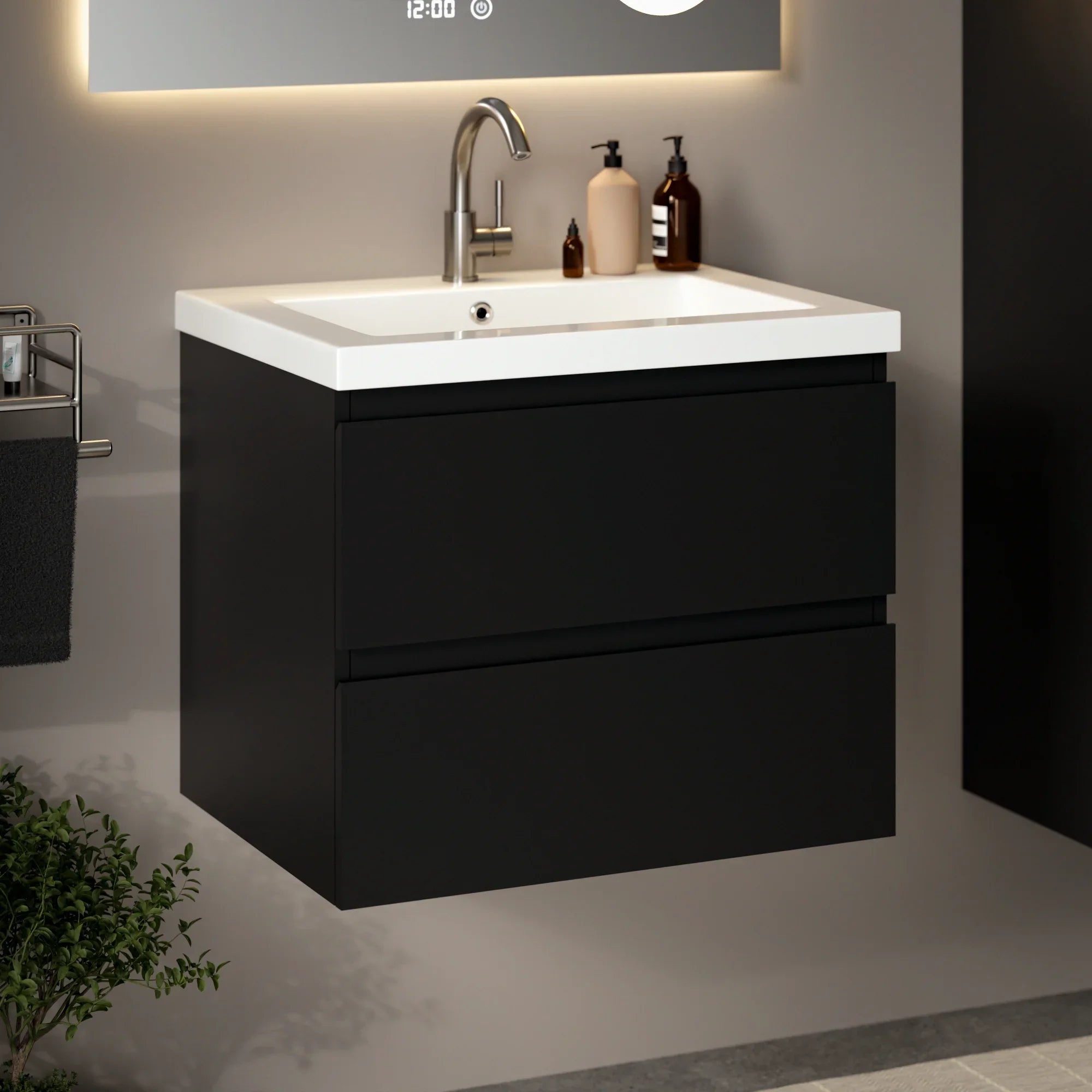 Meuble de salle de bain Karo - 60 cm - Noir Mat - Lavabo Blanc - Précommander