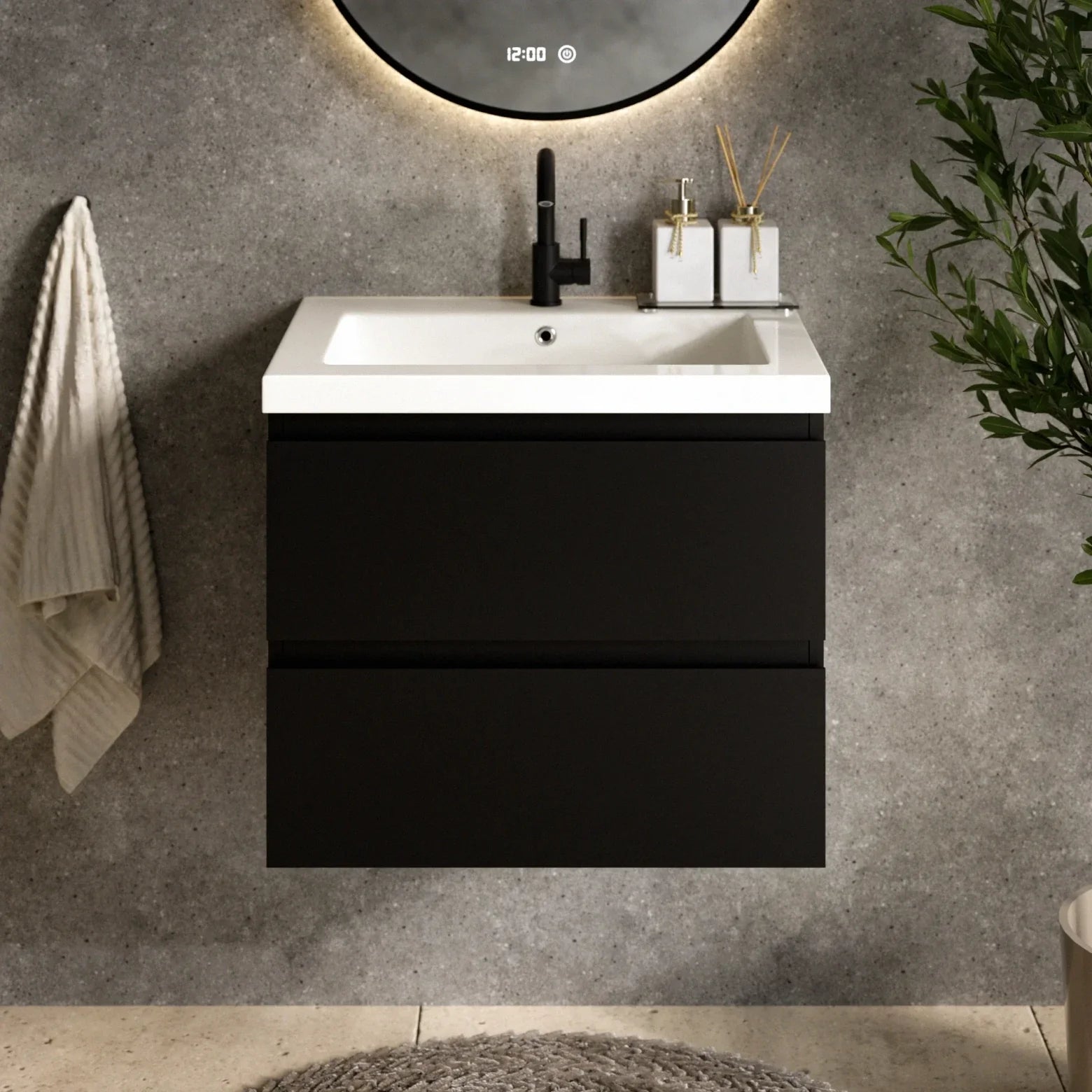 Meuble de salle de bain Karo - 60 cm - Noir Mat - Lavabo Blanc - Précommander
