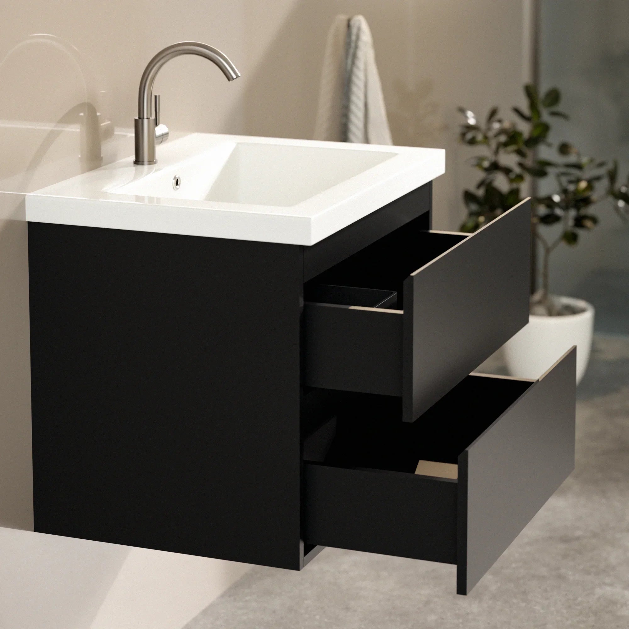 Meuble de salle de bain Karo - 60 cm - Noir Mat - Lavabo Blanc - Précommander