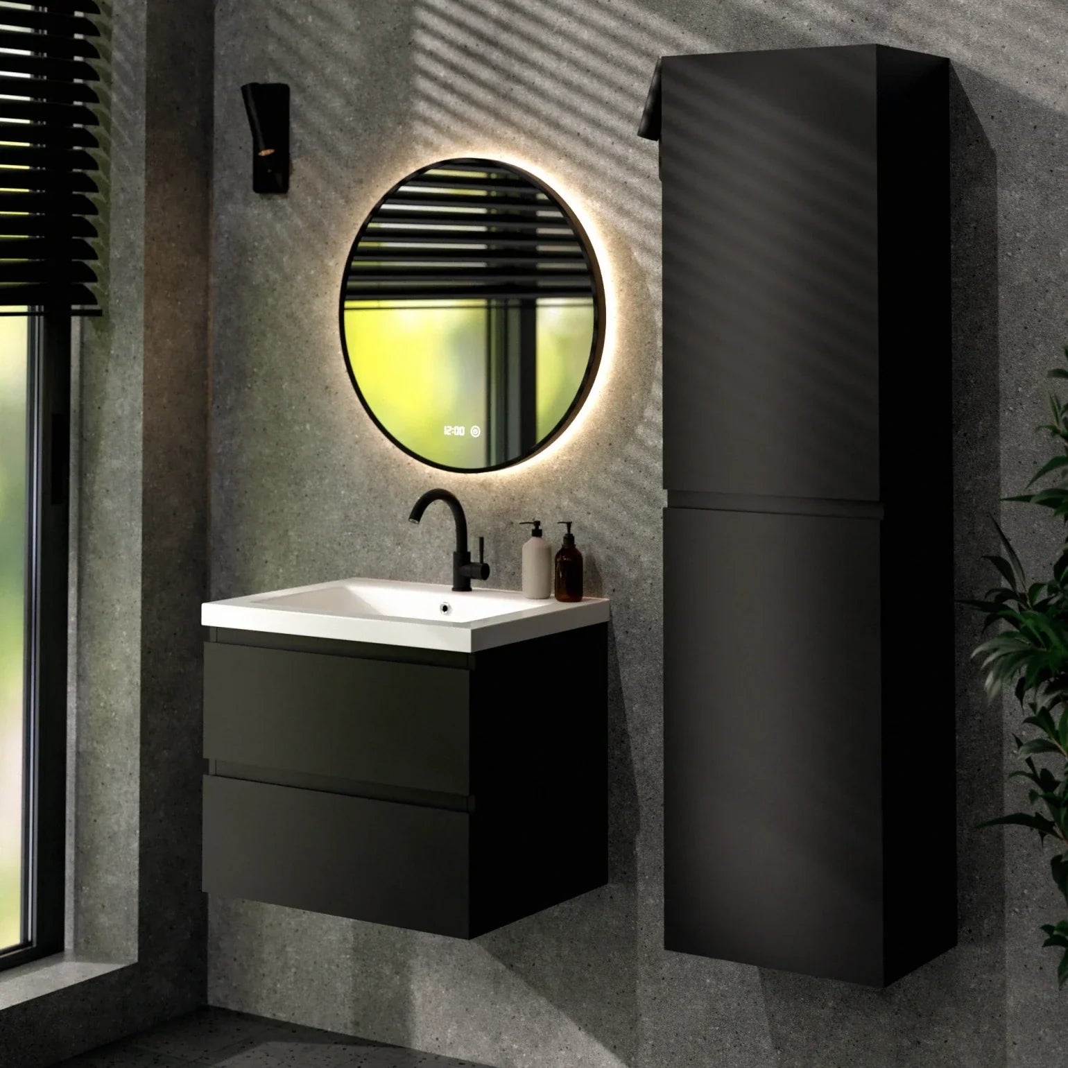 Meuble de salle de bain Karo - 60 cm - Noir Mat - Lavabo Blanc - Précommander
