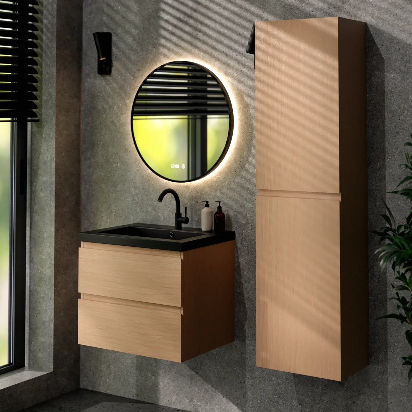 Ensemble meuble vasque Monaco – 60 cm – Chêne Clair – Lavabo Noir