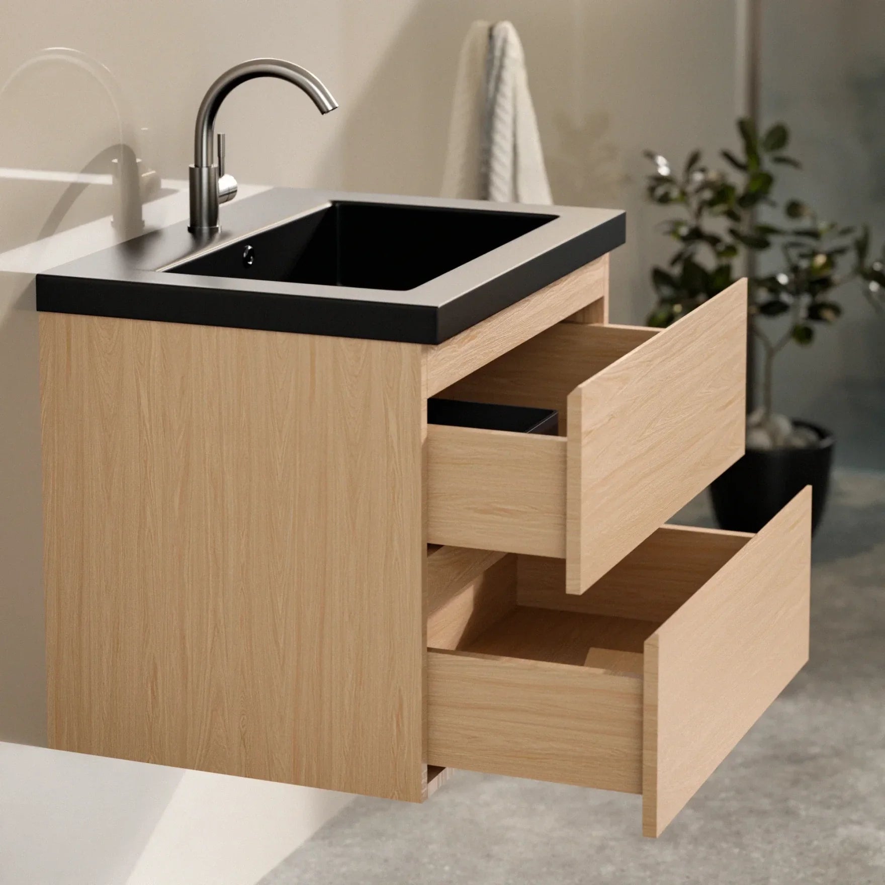 Ensemble meuble vasque Monaco – 60 cm – Chêne Clair – Lavabo Noir