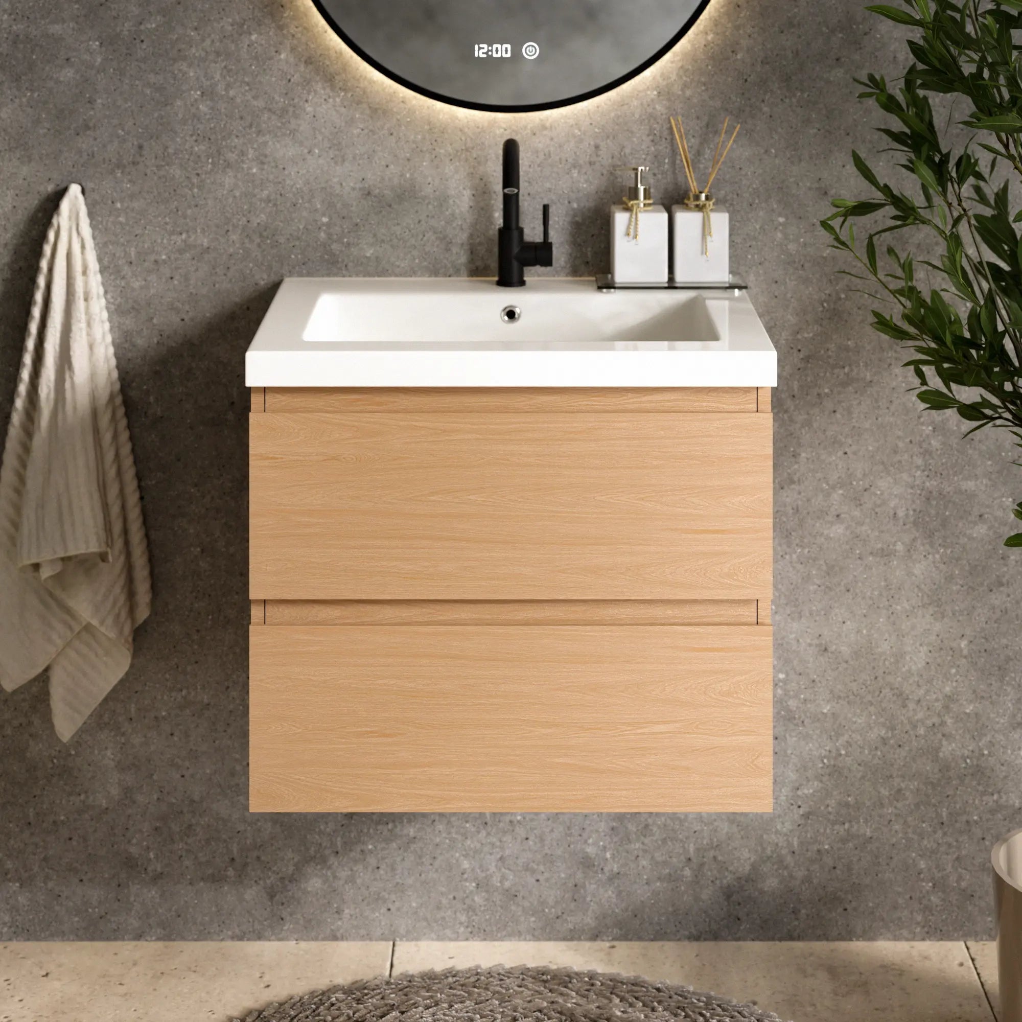 Ensemble meuble vasque Amara – 60 cm – Chêne Clair – Lavabo Blanc