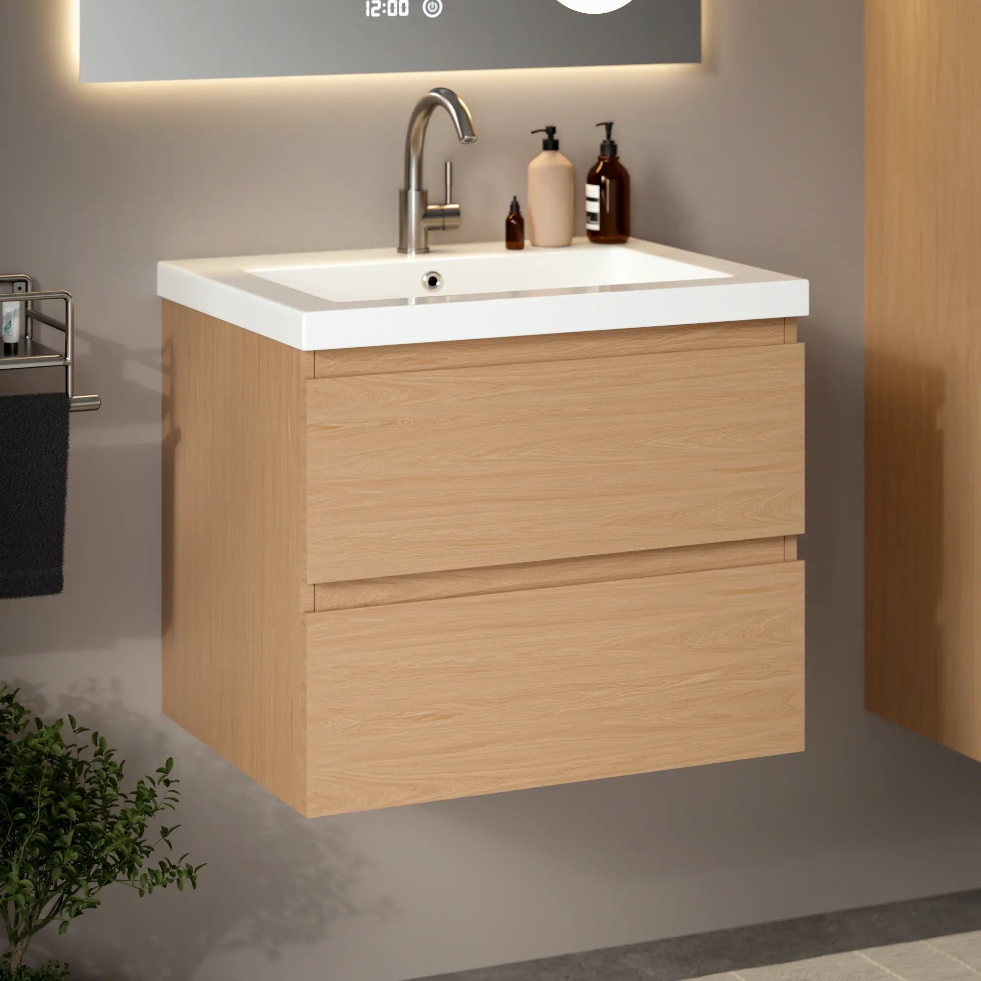 Meuble de salle de bain Karo - 60cm - Chêne Clair - Lavabo Blanc