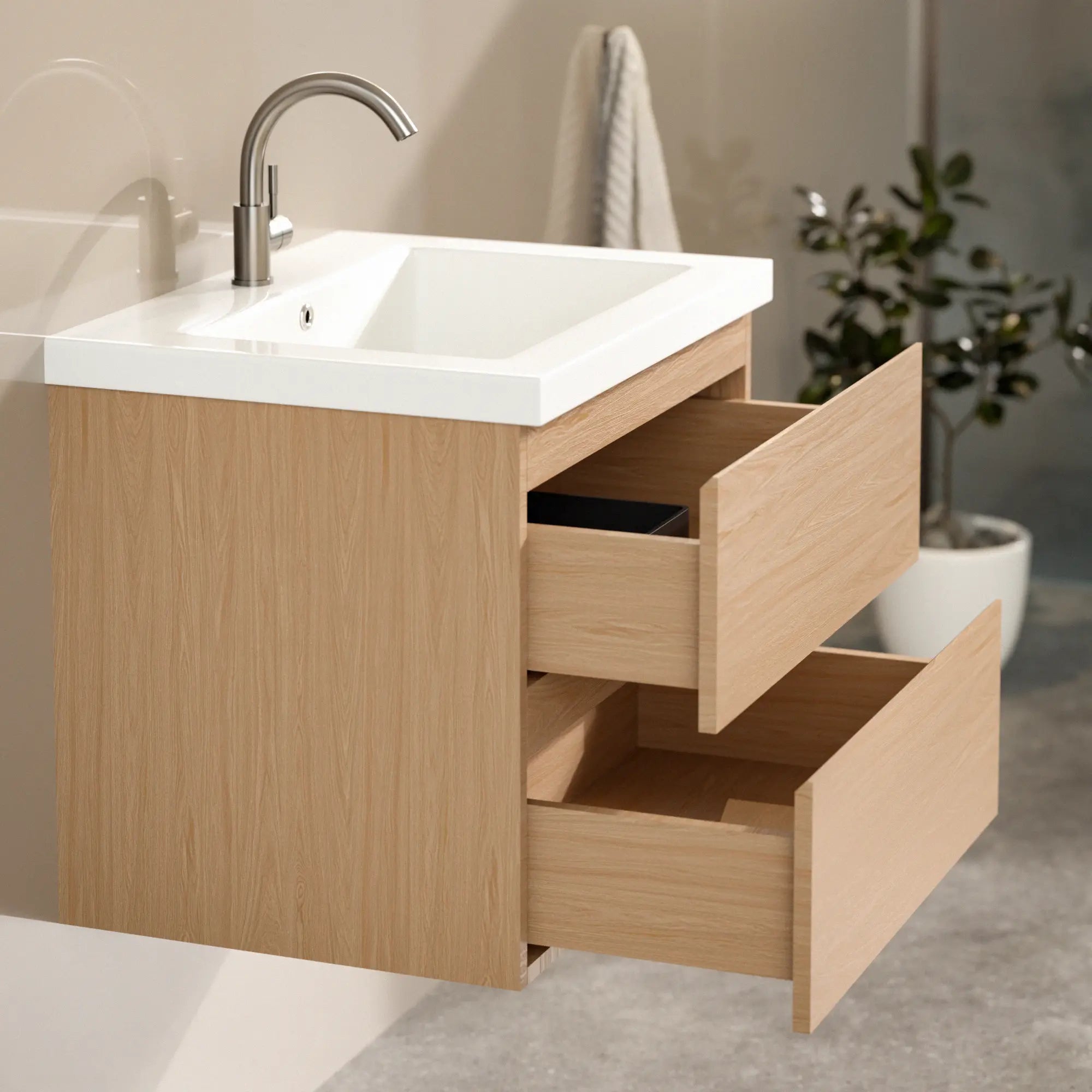 Ensemble meuble vasque Amara – 60 cm – Chêne Clair – Lavabo Blanc