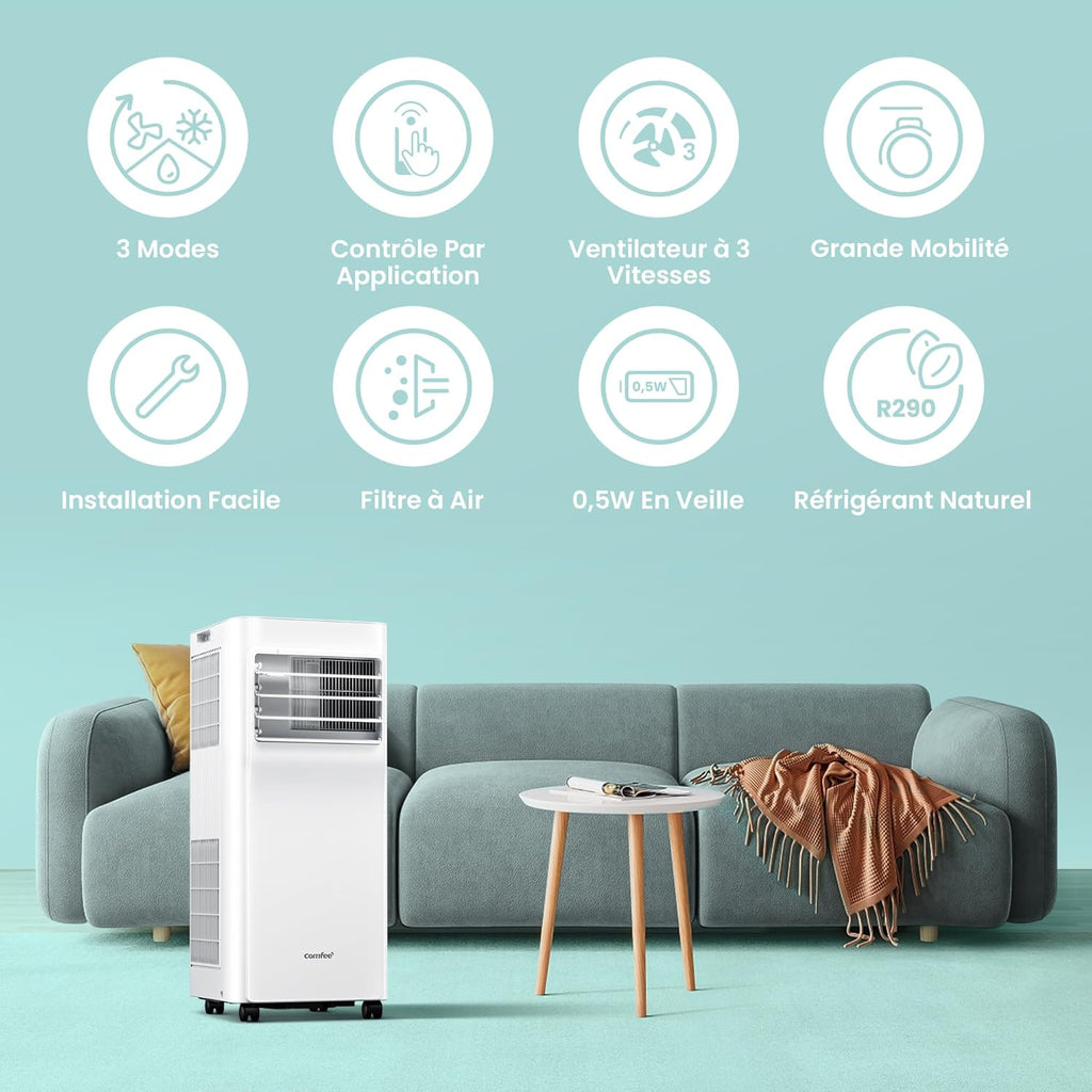 Comfee Breezy Cool 2.6 climatiseur mobile 9000 BTU 2,6 kW WiFi App R290 jusqu'à 33m²