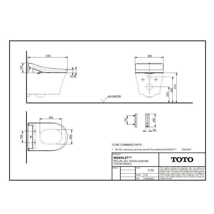 TOTO Washlet RG Lite TCF34170GEU - Abattant Lavant Douche Chaude, Télécommande, Siège Chauffant