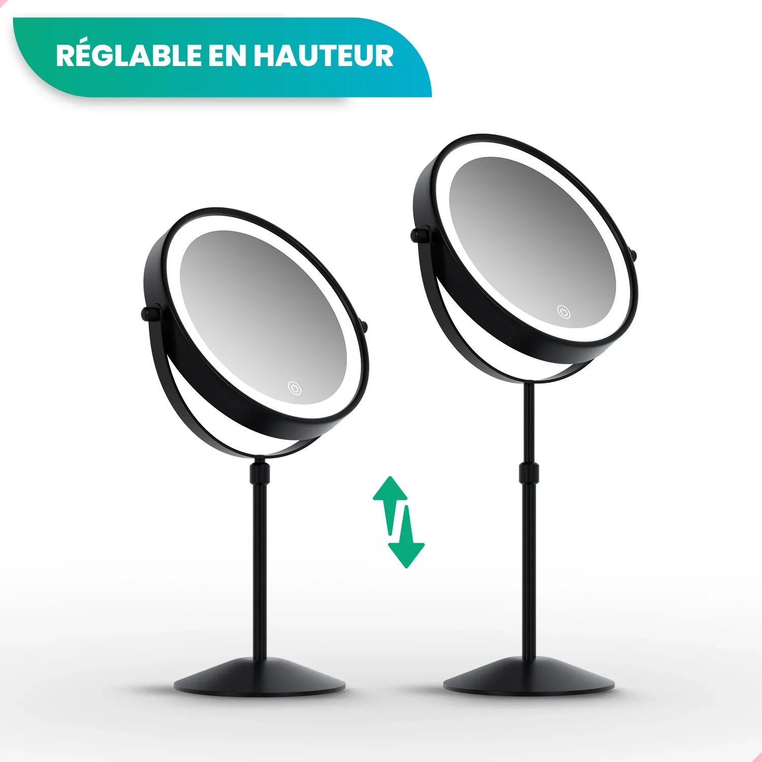Miroir de maquillage - Hauteur réglable - Noir - Grossissement 1-10x