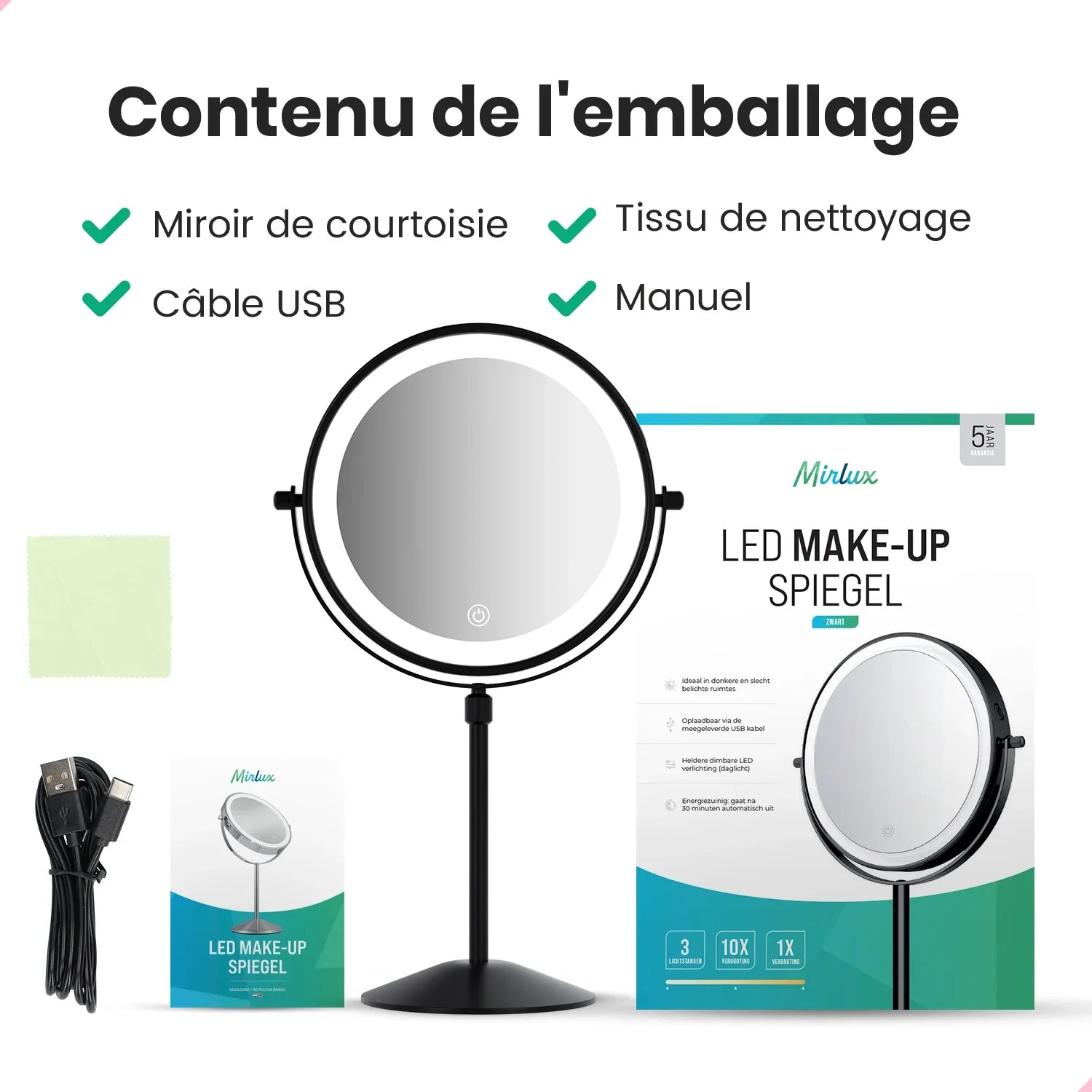 Miroir de maquillage - Hauteur réglable - Noir - Grossissement 1-10x