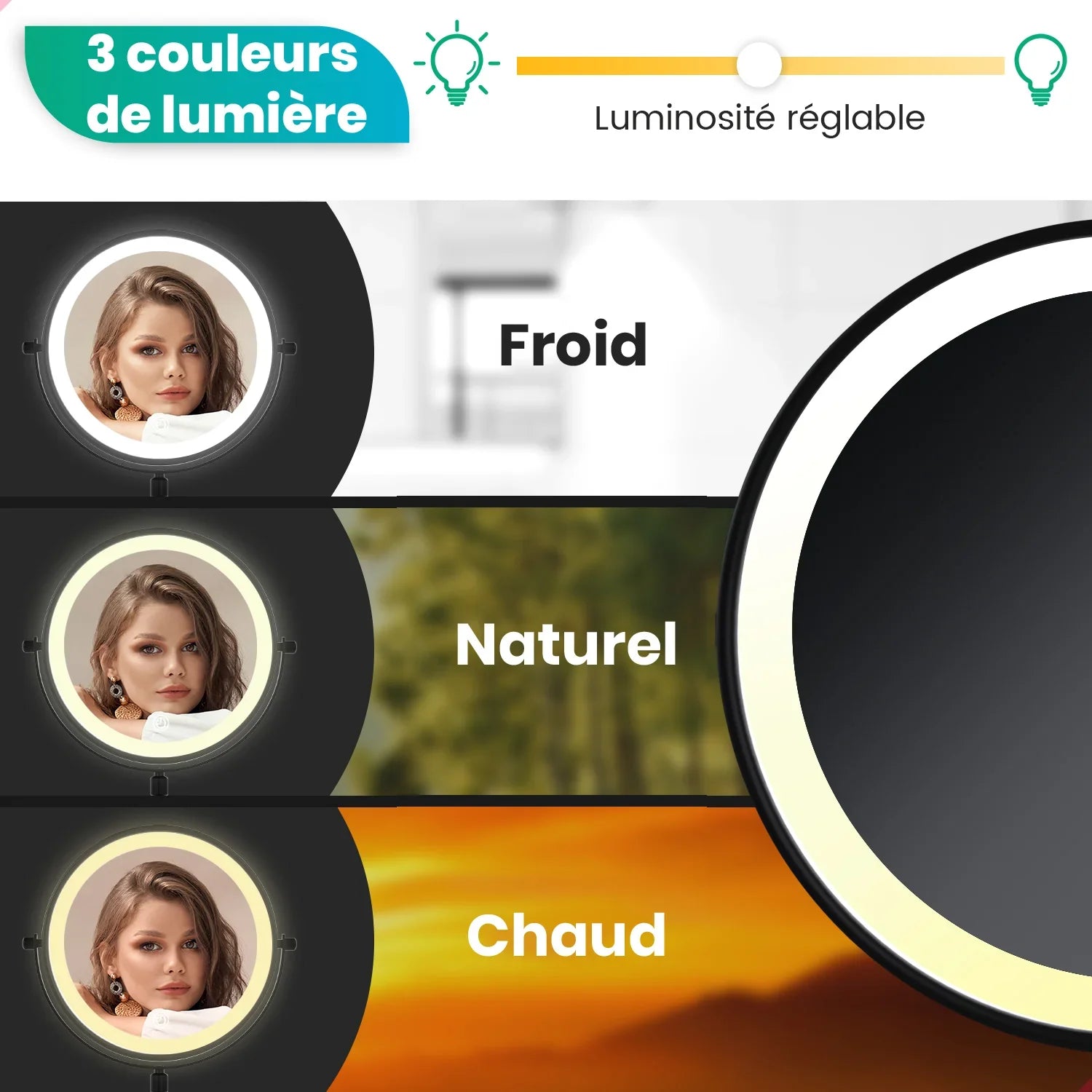 Miroir de maquillage - Hauteur réglable - Noir - Grossissement 1-10x