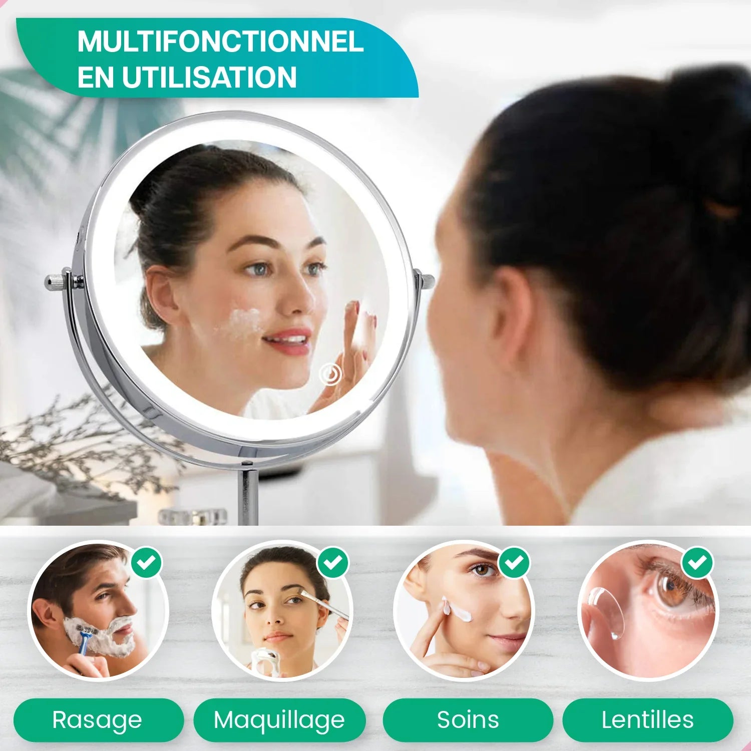 Miroir de maquillage - Hauteur réglable - Chrome - Grossissement 1-10x