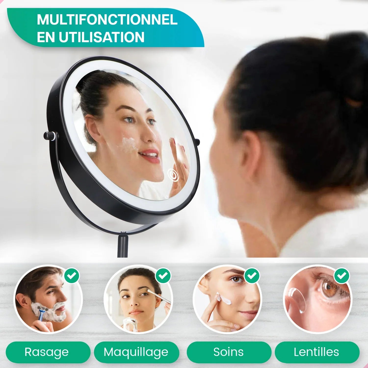 Miroir de maquillage - Hauteur réglable - Noir - Grossissement 1-10x