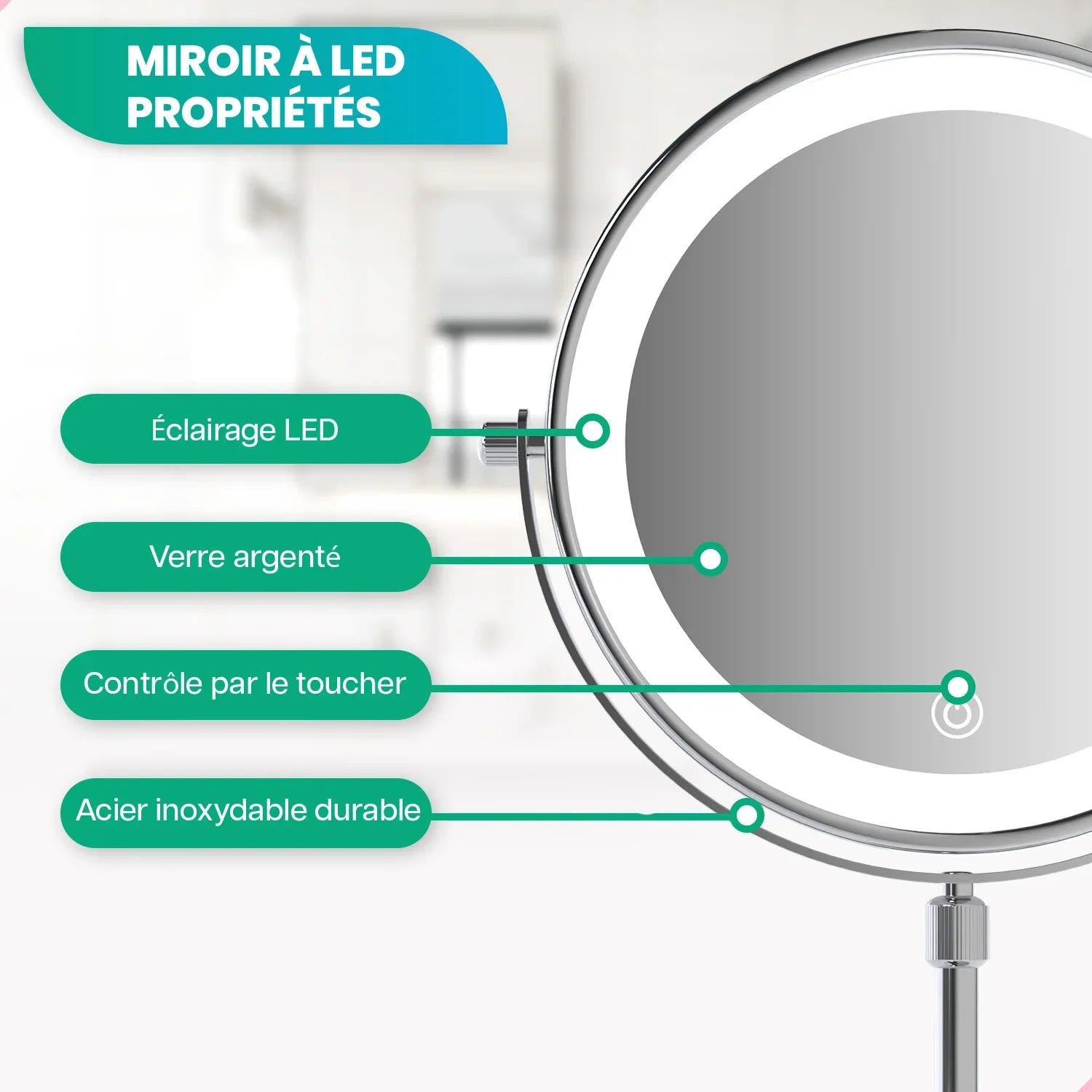 Miroir de maquillage - Hauteur réglable - Chrome - Grossissement 1-10x