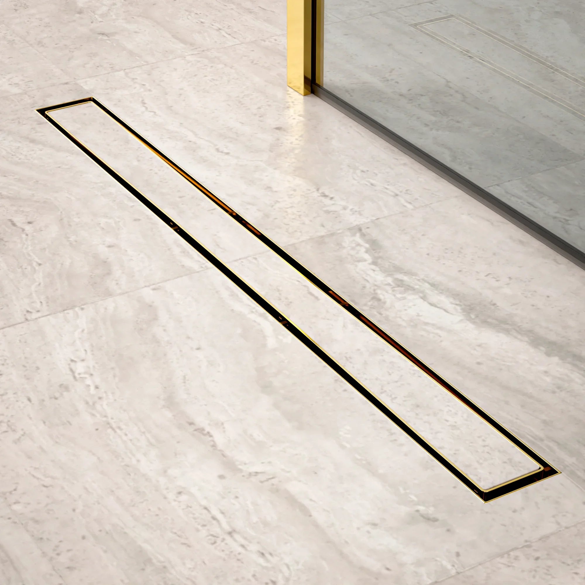Caniveau de douche – 80 cm – Or – Grille à carreaux – Acier inoxydable – avec bride