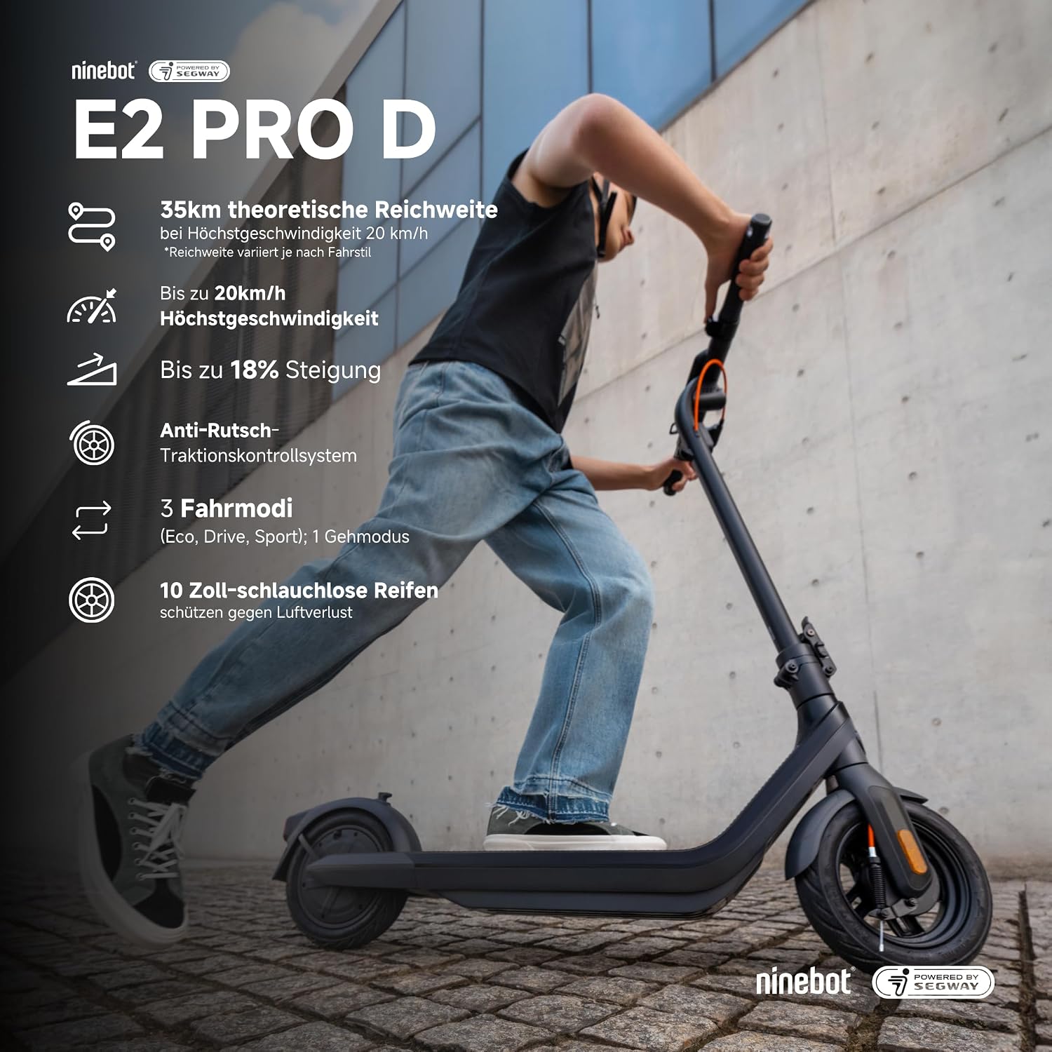 Segway Ninebot E2 Pro D E-Scooter 10 Zoll - Reichweite 35km, 750W Motor, Straßenzulassung - Schwarz