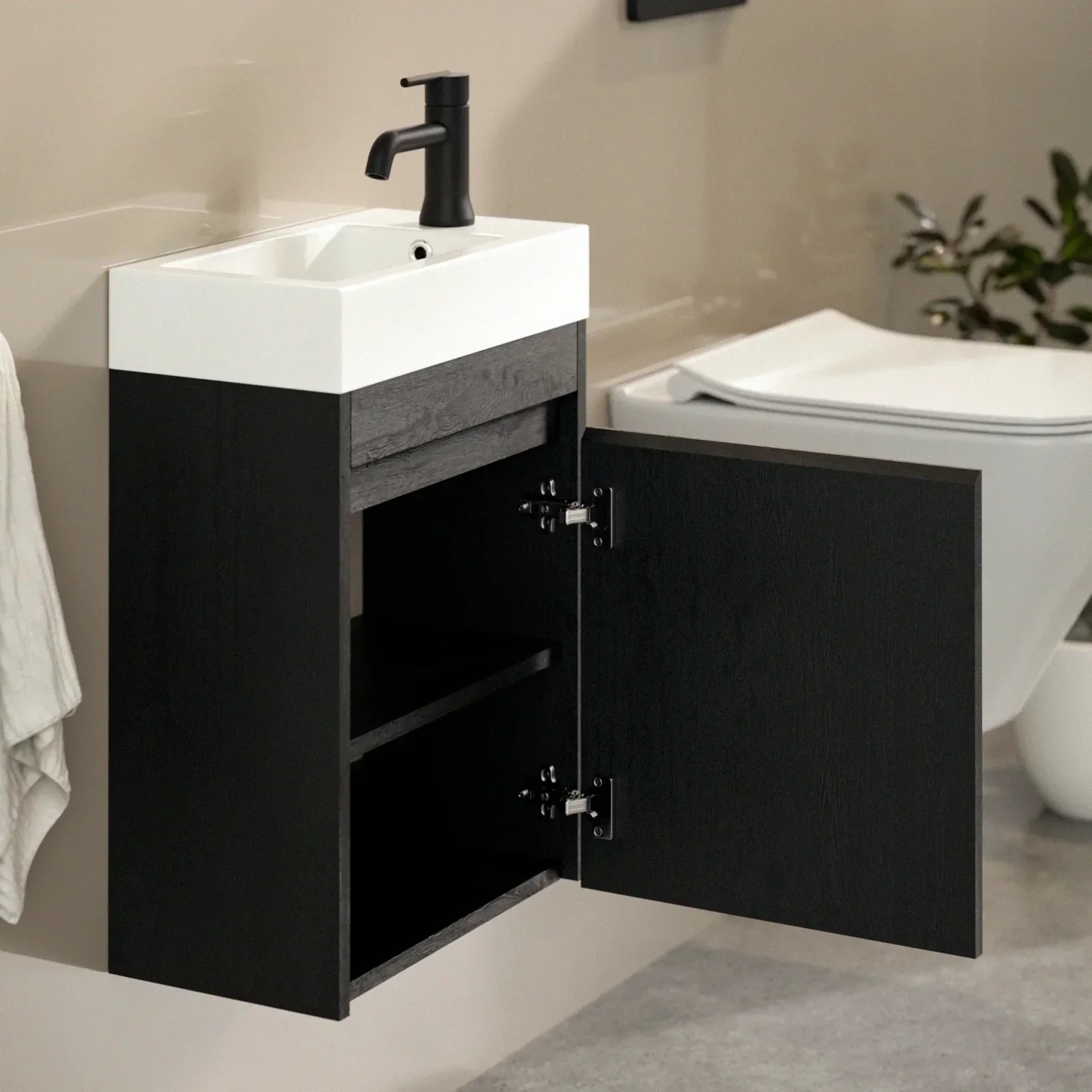 Meuble vasque Elen – 40 cm – Chêne Noir – Lavabo Blanc