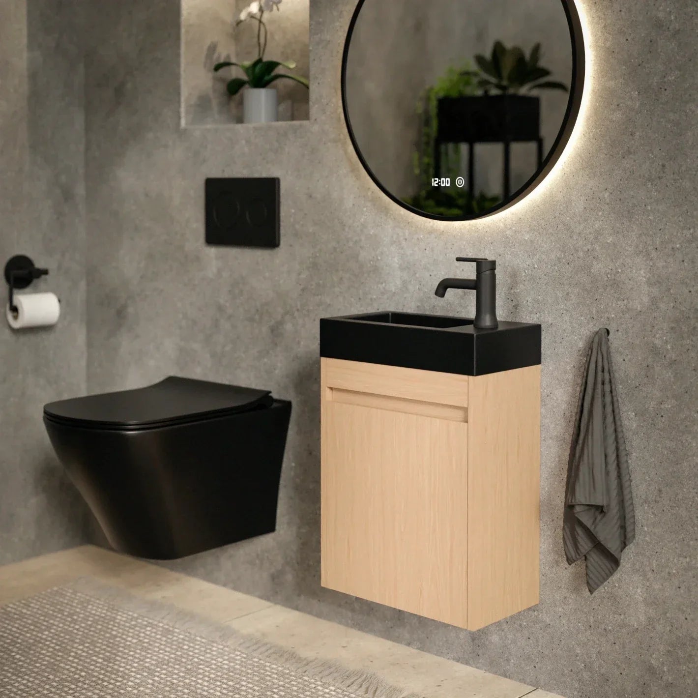 Meuble de toilette Elen – 40 cm – Chêne Clair – Lavabo Noir