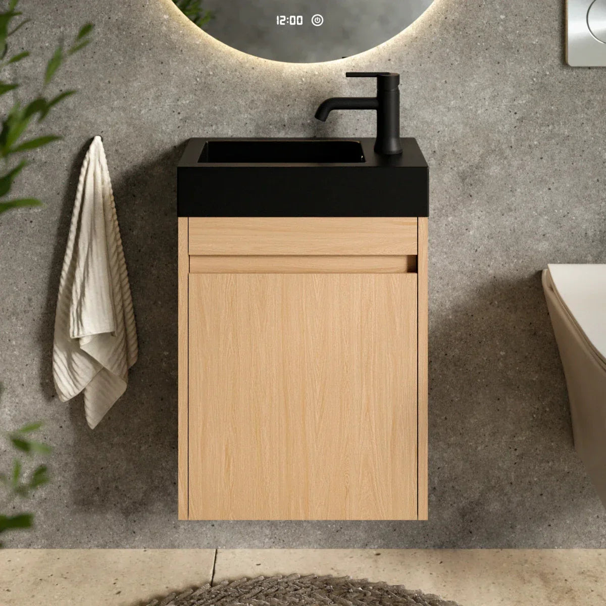 Meuble de toilette Elen – 40 cm – Chêne Clair – Lavabo Noir