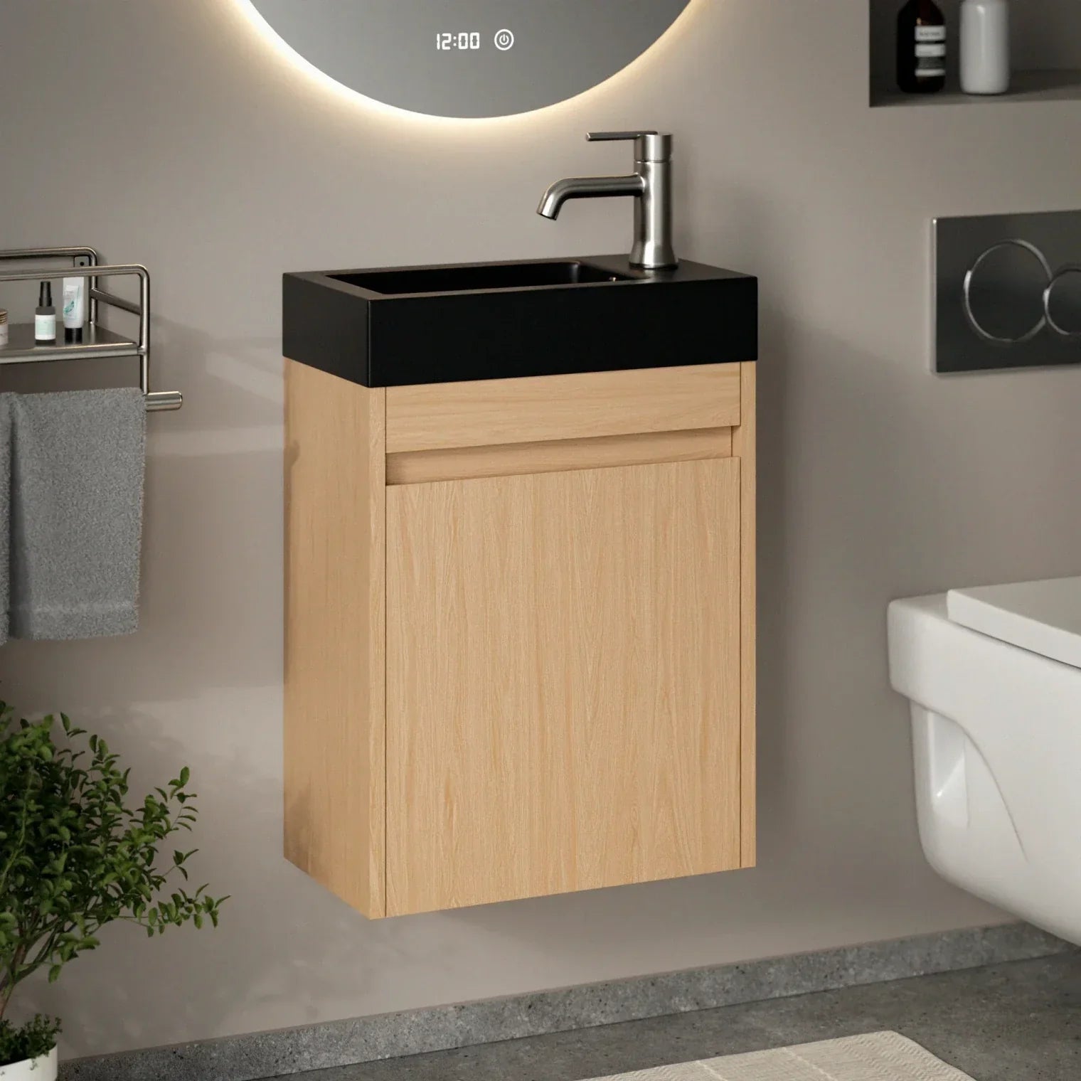 Meuble de toilette Elen – 40 cm – Chêne Clair – Lavabo Noir