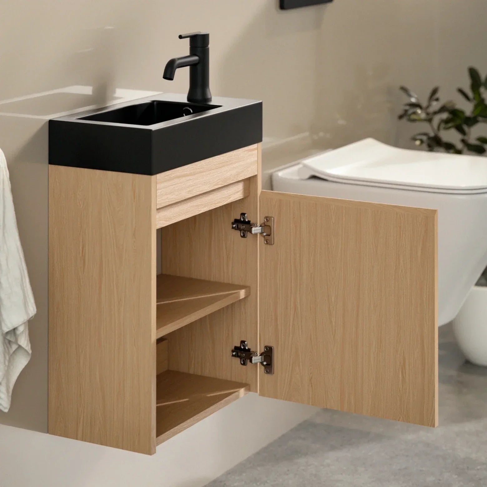 Meuble de toilette Elen – 40 cm – Chêne Clair – Lavabo Noir